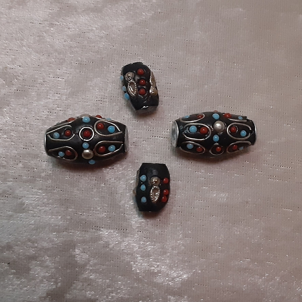 4 Vintage Handmade Tibetan Nepalese Beads, Black Turquoise Coral inlays +metal